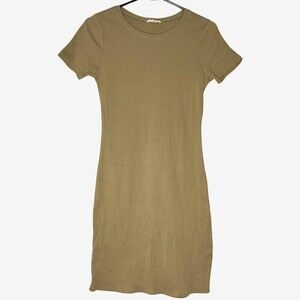 Open Edit Womens Dress Small Light Brown Ribbed Knit Short Sleeve Bodycon Casual